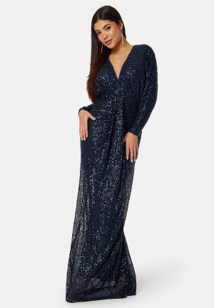 Goddiva Sequin Deep V Maxi Dress Navy L (UK14)