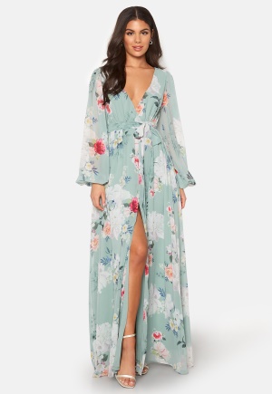 Se Goddiva Floral Long Sleeve Chiffon Maxi Dress Green XS (UK8) ved Bubbleroom