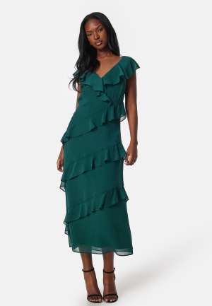 Se Bubbleroom Occasion Frill Chiffon Midi Dress Dark green S ved Bubbleroom