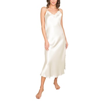 Se Lady Avenue Pure Silk Long Nightgown With Lace Benhvid silke Small Dame ved Timarco