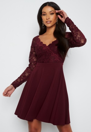 Goddiva Long Sleeve Lace Skater Dress Dark Wine XXS (UK6)