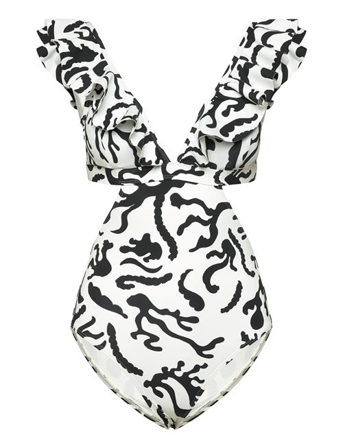 Delia Cut Out Frill Printed Swimsuit Malina White