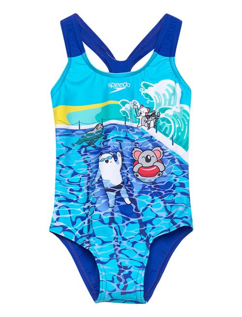 Se Speedo Girls Digital Printed Swimsuit Speedo Blue ved Booztlet