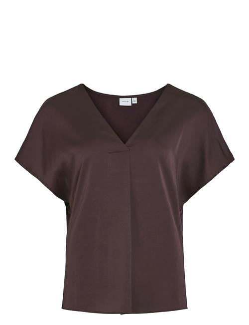 Se Vila Viellette V-Neck S/S Satin Top - Noos Vila Brown ved Booztlet