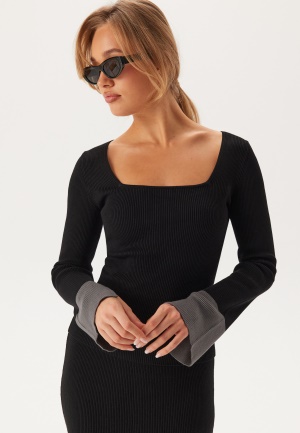 Se BUBBLEROOM Contrast Rib Knitted Top Black XS ved Bubbleroom