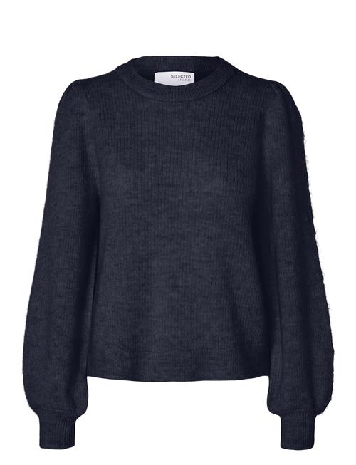 Se Selected Femme Slflulu Ls Knit Rib O-Neck Noos Selected Femme Navy ved Booztlet