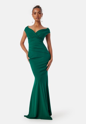 Se Goddiva Bardot Pleat Maxi Dress Dark green XS (UK8) ved Bubbleroom