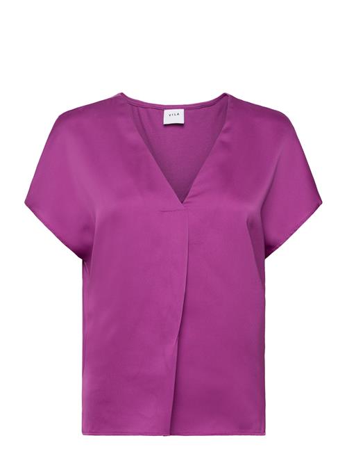 Se Vila Viellette V-Neck S/S Satin Top - Noos Vila Purple ved Booztlet