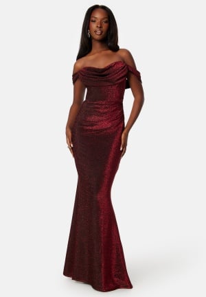 Goddiva Glitter Off Shoulder Maxi Dress Red M (UK12)