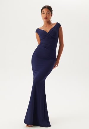 Se Goddiva Bardot Pleat Maxi Dress Dark blue M (UK12) ved Bubbleroom