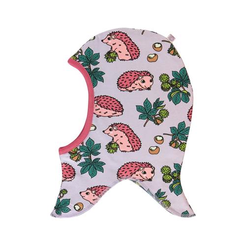 Se Småfolk Reversible balaclava with hedgehogs and Fall leaves  Orchid Petal | Lilla | 52/53 cm ved Babyshop