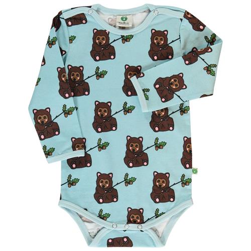 Se Småfolk Long-sleeved baby body with bear cub  Stratosphere | Blå | 74 cm ved Babyshop