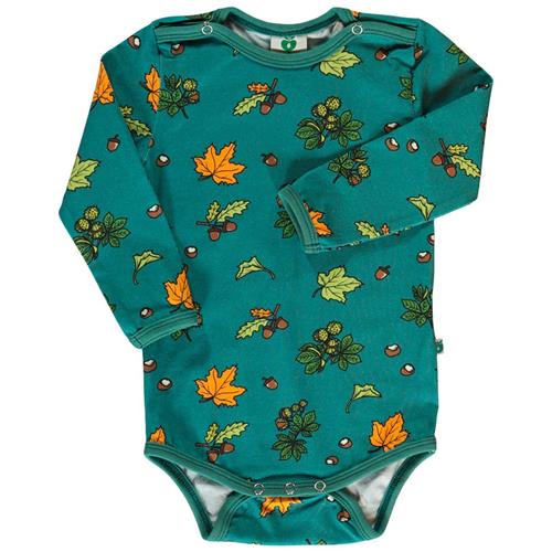 Se Småfolk Long-sleeved baby body with Fall leaves  Petroleum Green | Grønn | 68 cm ved Babyshop