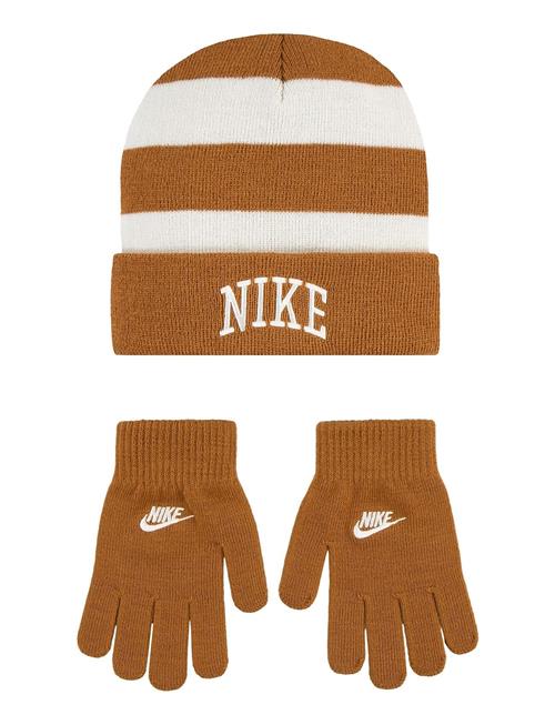 Nike Chunky Stripe Beanie And Gloves Set Nike Beige