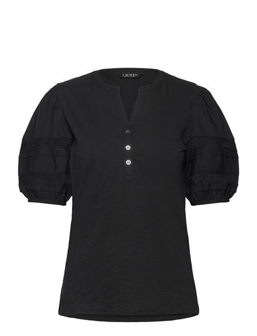 Lace-Trim Jersey Puff-Sleeve Henley Tee Lauren Ralph Lauren Black