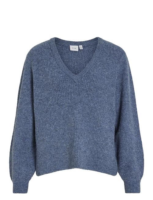 Se Vibeluna V-Neck Rev L/S Knit Top - Noos Vila Blue ved Booztlet