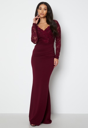 Se Goddiva Lace Trim Maxi Dress Dark Wine L (UK14) ved Bubbleroom