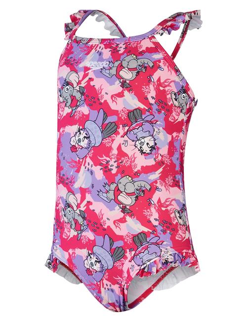 Se Speedo Girls Learn To Swim Printed Frill Thinstrap Speedo Pink ved Booztlet