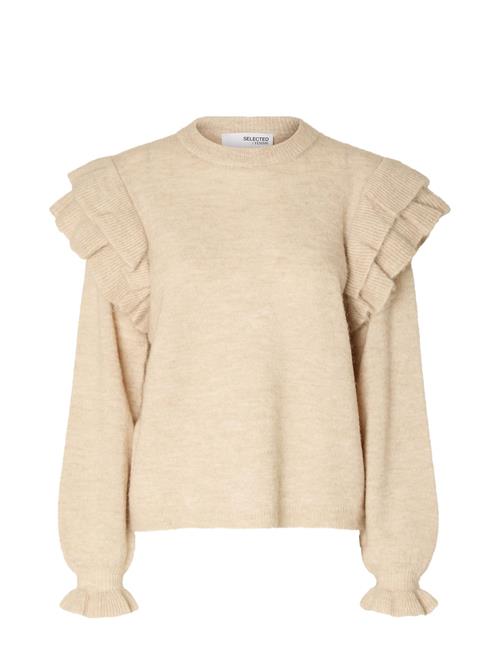 Se Selected Femme Slflulu Ls Knit Shoulder Frills O-Neck Selected Femme Beige ved Booztlet