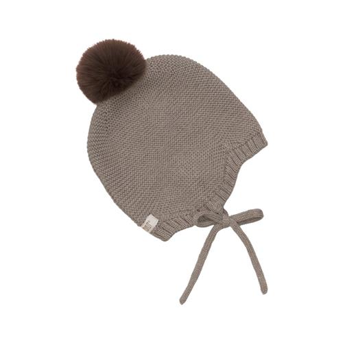 Huttelihut Baby Bonnet Uldstrik m. Pompom Brown Melange | Brun | 62/68 cm