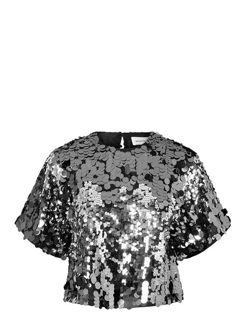 Slftana 3/4 Sequins Top B Selected Silver