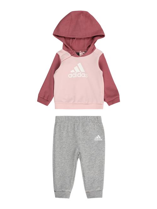 Se ADIDAS SPORTSWEAR Træningsdragt 'Essentials'  grå-meleret / lyserød / vinrød / hvid ved About You