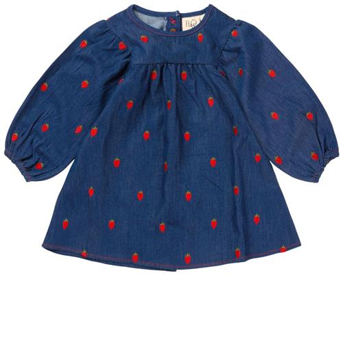 Se Flöss Colette Broderet Kjole Berry Denim | Blå | 80 cm ved Babyshop