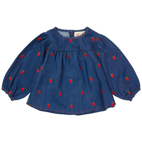 Se Flöss Colette Broderet Bluse Berry Denim | Blå | 80 cm ved Babyshop