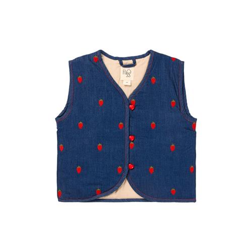 Se Flöss Colette Broderet Vest Berry Denim | Blå | 110 cm ved Babyshop