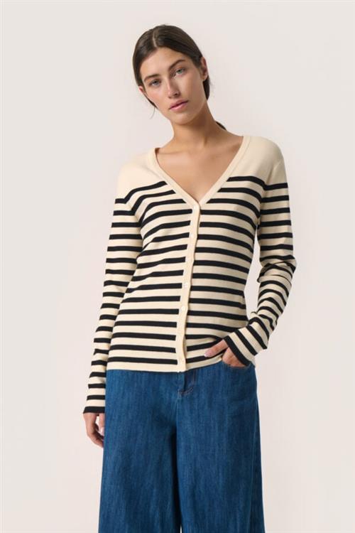 Se Soaked in Luxury Slpina Vneck Cardigan Kvinde White With Black Stripe Cardigans Slim Fit Str L - hos Magasin ved Magasin