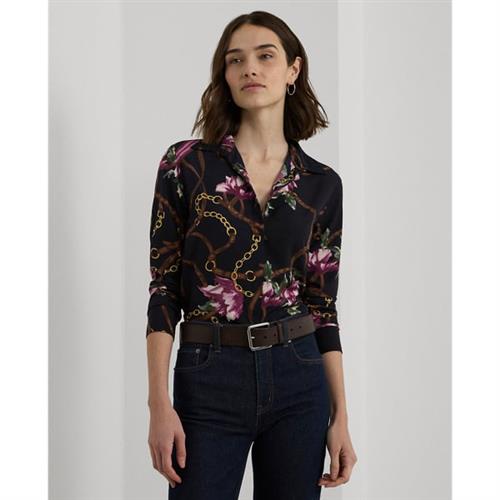 Lauren Ralph Lauren Classic Fit Print Crepe Shirt Kvinde Navy Langærmede Skjorter Str L - Polyester hos Magasin