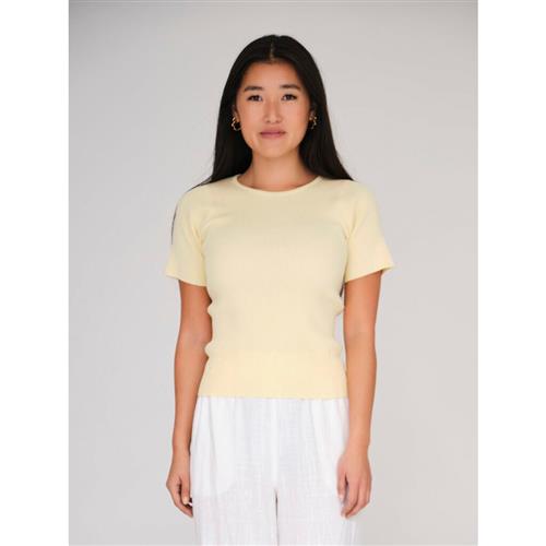 A-VIEW Rib Knit Short Sleeve top Kvinde Pale Yellow Kortærmet Strik Tight Fit Str S - hos Magasin