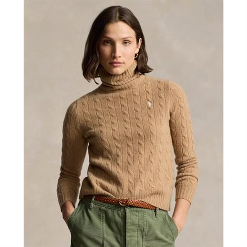 Polo Ralph Lauren Woolcashmere Cable Turtleneck Sweater Kvinde Collection Camel Melange Rullekraver Str M - Uld hos Magasin