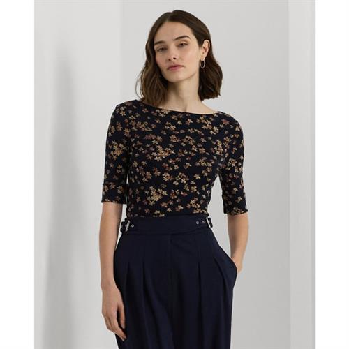 Lauren Ralph Lauren Floral Cotton Boatneck Tee Kvinde Navy Kortærmede T-shirts Str XS - Bomuld hos Magasin