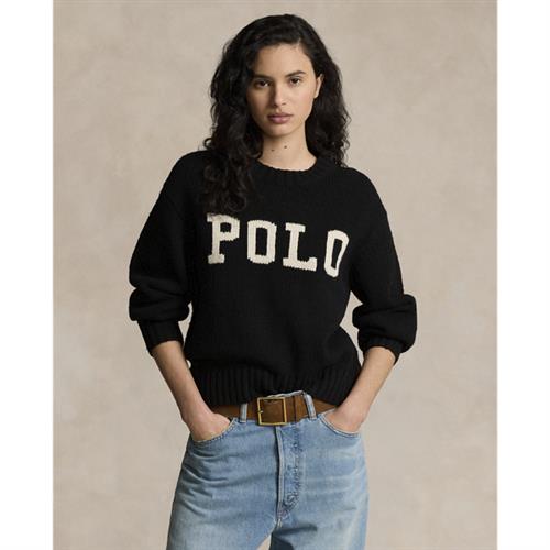 Polo Ralph Lauren Logo Crewneck Sweater Kvinde Polo Black/cream Sweaters Str S - Bomuld hos Magasin