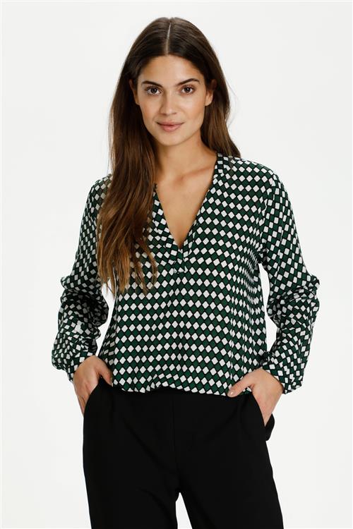 Kaffe Kasary Tilly Blouse Kvinde Dark Green -Diamond Print Langærmede Bluser Regular Fit Str 40 - hos Magasin