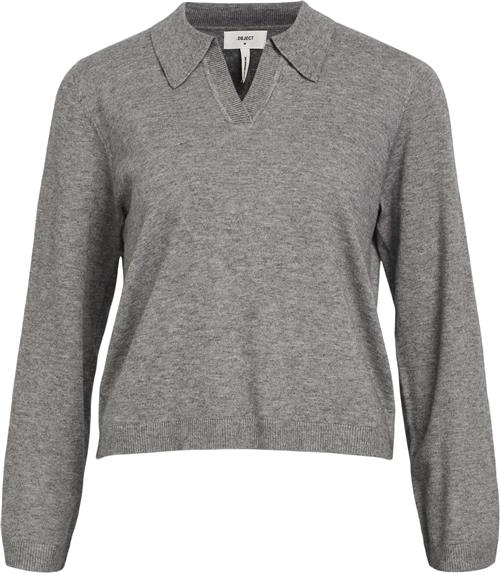 Object Objthess L/S Vneck Knit Polo Noos Kvinde Medium Grey Melange Sweaters Str S - hos Magasin