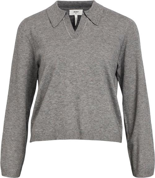 Object Objthess L/S Vneck Knit Polo Noos Kvinde Medium Grey Melange Sweaters Str M - hos Magasin