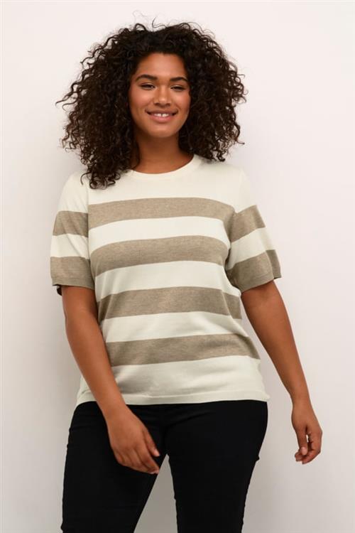 Kaffe Curve Kcmalia Wide Stripe Knit Kvinde Chinchilla M/turtle.Boldstripe Kortærmet Strik Str XL - hos Magasin