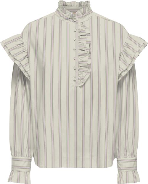 ONLY Onlmalou LS Frill Stripe TOP WVN CS Kvinde Bone White/pink Lady + Hedge Green Toppe Regular Fit Str L - hos Magasin