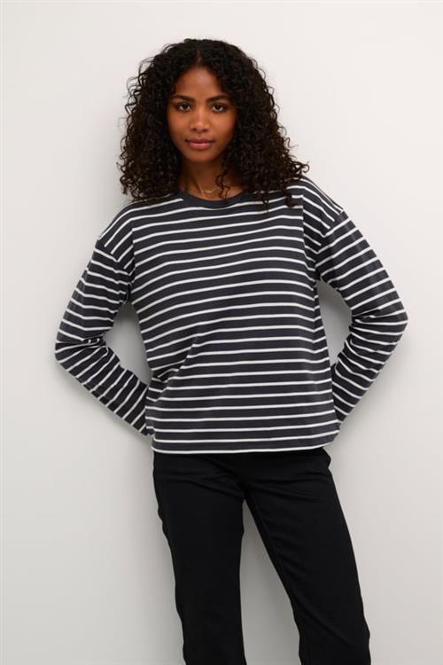 Se Kaffe Kawinny LS Tshirt Kvinde Black Oyster/ant. White Stripe Langærmede T-shirts Str L - hos Magasin ved Magasin