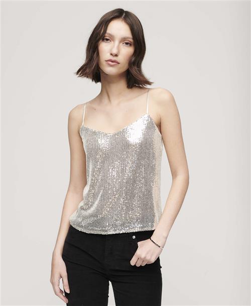 Se Superdry Sequin Cami Vest TOP Kvinde Silver Sequin Tanktoppe Str 10/S - hos Magasin ved Magasin