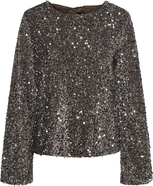 Pieces Pckam LS Deep Back BOW TOP BC Kvinde Morel/silver Sequins Toppe Relaxed Fit Str XS - Polyester hos Magasin