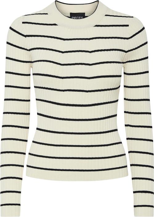 Pieces Pccrista LS Oneck Knit Noos BC Kvinde Birch/black Narrow Sweaters Str L - hos Magasin