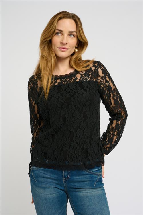 Cream Crkit Lace LS Blouse Kvinde Pitch Black Langærmede Bluser Str XS - hos Magasin