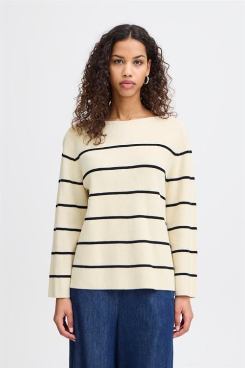 ICHI Ihboston LS6 Kvinde Almond Milk Black Stripe Sweaters Loose Fit Str S - hos Magasin