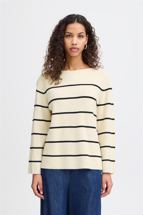 ICHI Ihboston LS6 Kvinde Almond Milk Black Stripe Sweaters Loose Fit Str M - hos Magasin