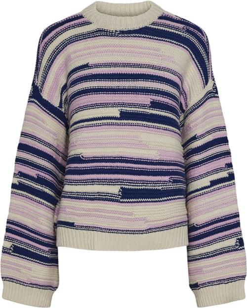 Se Pieces Pcnusa LS Oneck Knit BC Kvinde Birch/bellwether Blue + Pink Lavend Sweaters Str XS - hos Magasin ved Magasin