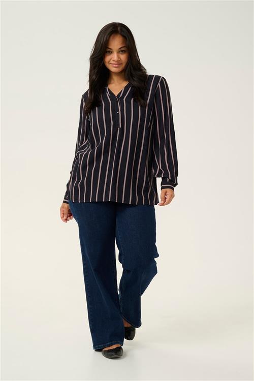 Kaffe Curve Kcsida Blouse Kvinde Black / Steeple Grey Stripe Langærmede Bluser Str 44 - hos Magasin