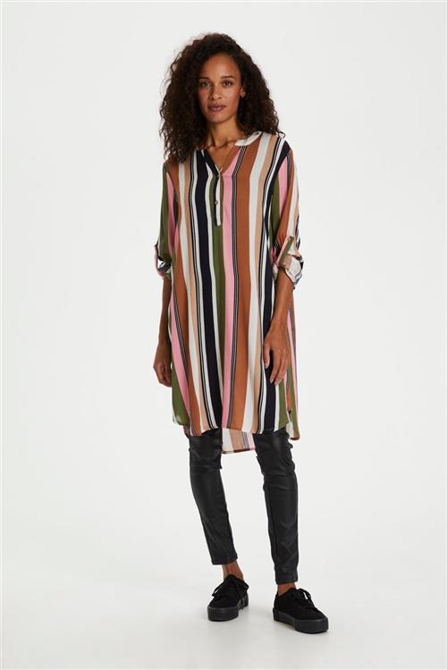 Kaffe Kamarana Shirt Dress Kvinde Green / Pink Stripe Print Midi Kjoler Str 36 - Viskose hos Magasin